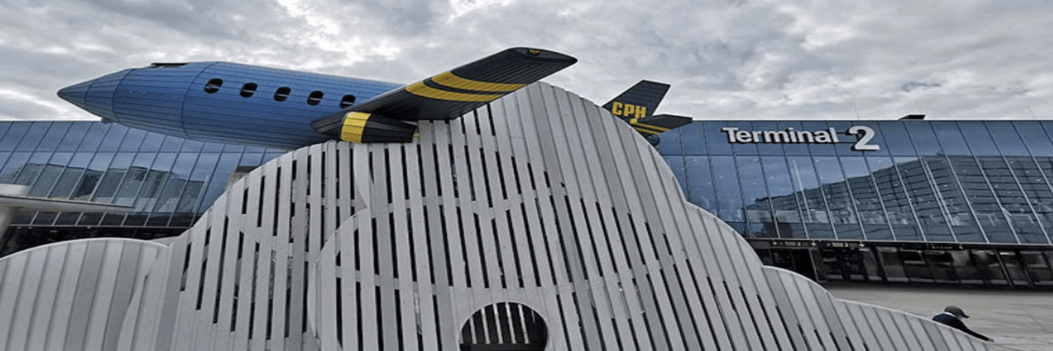 A striking plane sculpture on a building highlights accommodations near Copenhagen Airport.