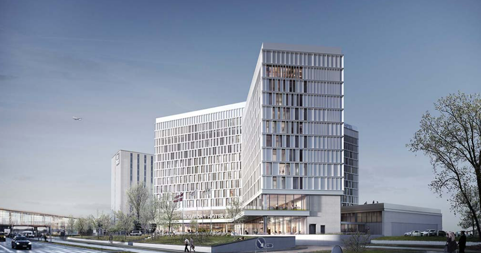 Modern hotel rendering near Copenhagen Airport, featuring sleek architecture and inviting design.